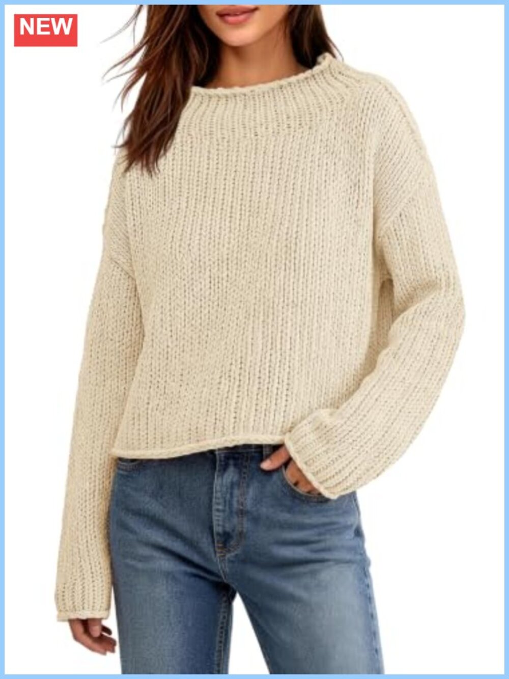 Chunky Knit Mock Neck Cropped Pullover Sweater Drop Shoulder Boxy Fit